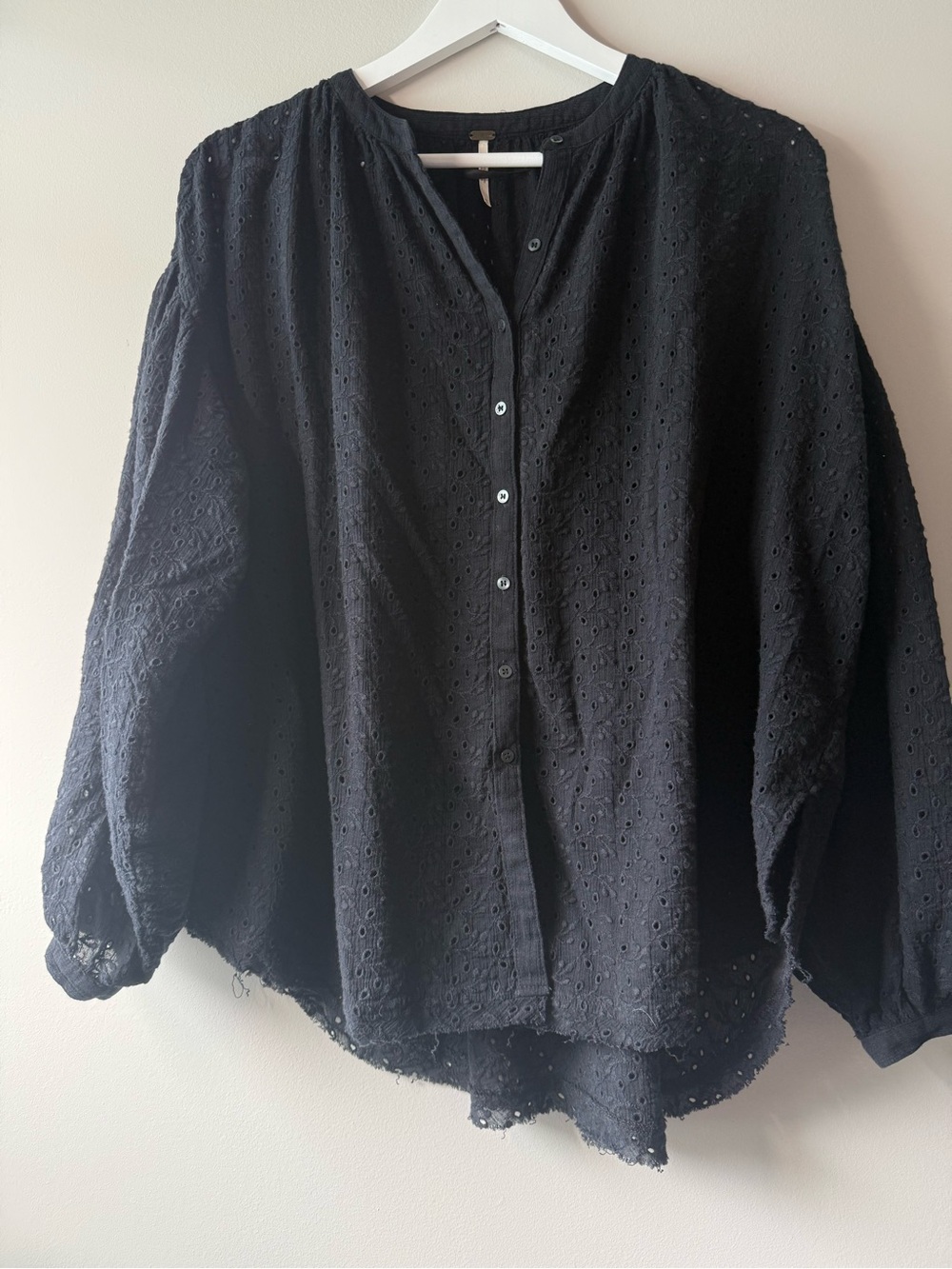Free People Black Eyelet Button-Down Blouse Size Medium